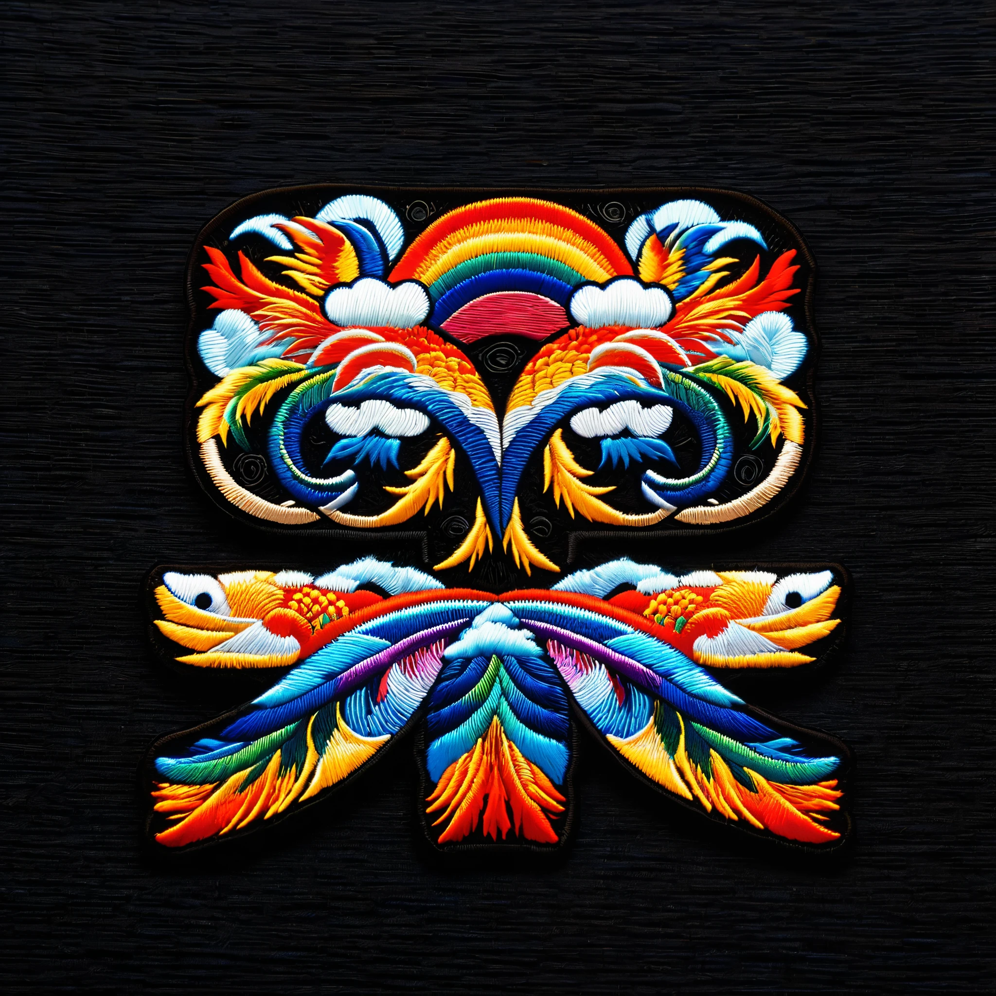 Simple black background,One rainbow embroidered patch,Betta,Waves,Clouds,Exquisite Chinese pattern