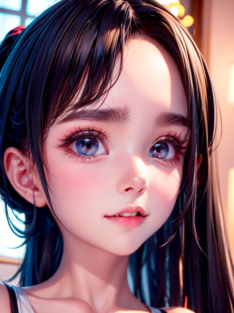 (masterpiece, best quality:1.4), 8k, 85mm, official art, absurdres, (downblouse:1.2), (from above:1.1), violaceaess, cute face, beautiful eyes, camisole, upper body, looking at viewer, short hair, blonde, bangs, small head, (smile:0.6), sharp focus, facelight, dynamic lighting, cinematic lighting, dramatic shadow, perspective, depth of field, highres, ultra detailed, finely detail, extremely detailed, detailed eyes and face, sharp pupils, realistic pupils, simple background, small waist, flare skirt