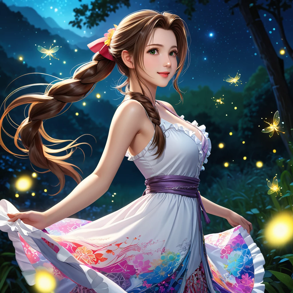 (((masterpiece))),((Highest quality)),beautiful girl, Aerith, Sexy witch, bangs、(Long Hair, Braided Ponytail:1.5)、(((Healthy body shape, Large, firm, swaying bust, Deep valley)))、2、Translucent white skin, Shining Sweat, (A gorgeous, intricately patterned, colorful ruffle dress:1.5)、Japanese Girls、 Beautiful digital art, Beautiful fantasy art, Dynamic Selly Pose, A kind smile, Mysterious Background, aura, A gentle gaze, break, Small faint lights and flying fireflies, night, lanthanum,