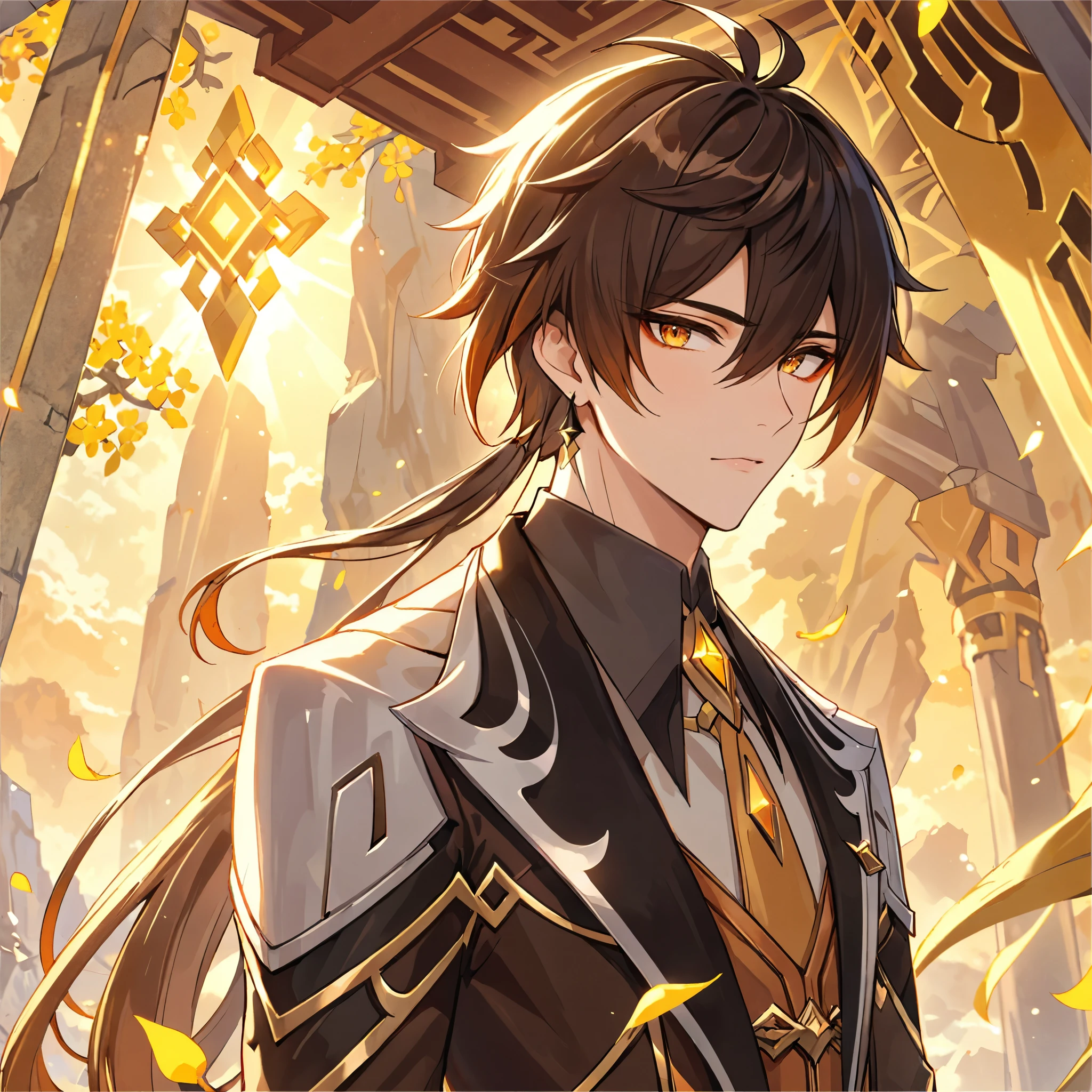 (best quality,4k,8k,highres,masterpiece:1.2),1boy, zhongli_/(archon/)_/(genshin_impact/),male focus,intricately detailed,realistic:.4,intense gold eyes,mature_male, narrow_waist,full body, by carnelian, cel shading, fantasy china background, liyue, mountains,look up at viewer, osmanthus flowers,male focus,solo,long hair,bangs,jewelry,earrings,ponytail,contemplative, thoughtful, calm, serene, red eyeliner, highly detailed eyes, volumetric lighting, sunset, golden illumination, wise and kind god,cinematic lighting, ray tracing, UHD, high details, high quality, award winning, super detail,vivid fantasy painting,hd color,seductive eyes,sexy eyes,narrowed eyes,lowered lashes,handsome man,small iris,honkai star rail character,godly,hot asian man,asian eyes,red eyeliner,blade from honkai