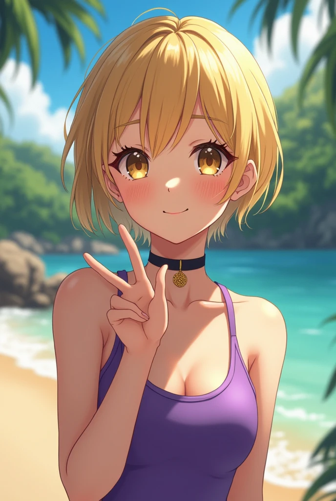 MASKING, 1girl, solo, looking at viewer, smile, short hair, blonde hair, brown eyes, yellow eyes, black bikini, high quality, solo, night sky, beach, arms behind head, contrapposto, closed mouth, spread armpits, upper body, looking at viewer, grin, best quality,