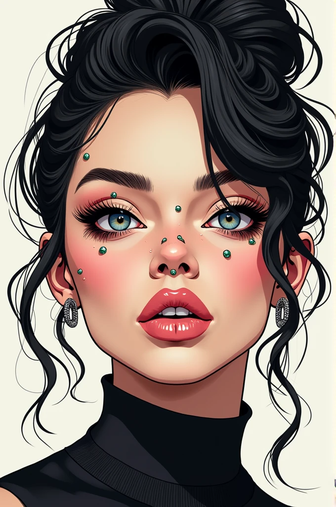Cara de mujer, piel blanca rosada con pecas, ojos grandes y rasgados color verde, lined eyes and makeup eyelids, small-nose, labios gruesos color rojo, mejillas delgadas con hoyos, large cheekbones, defined chin with chin dimple, cabello corto color negro