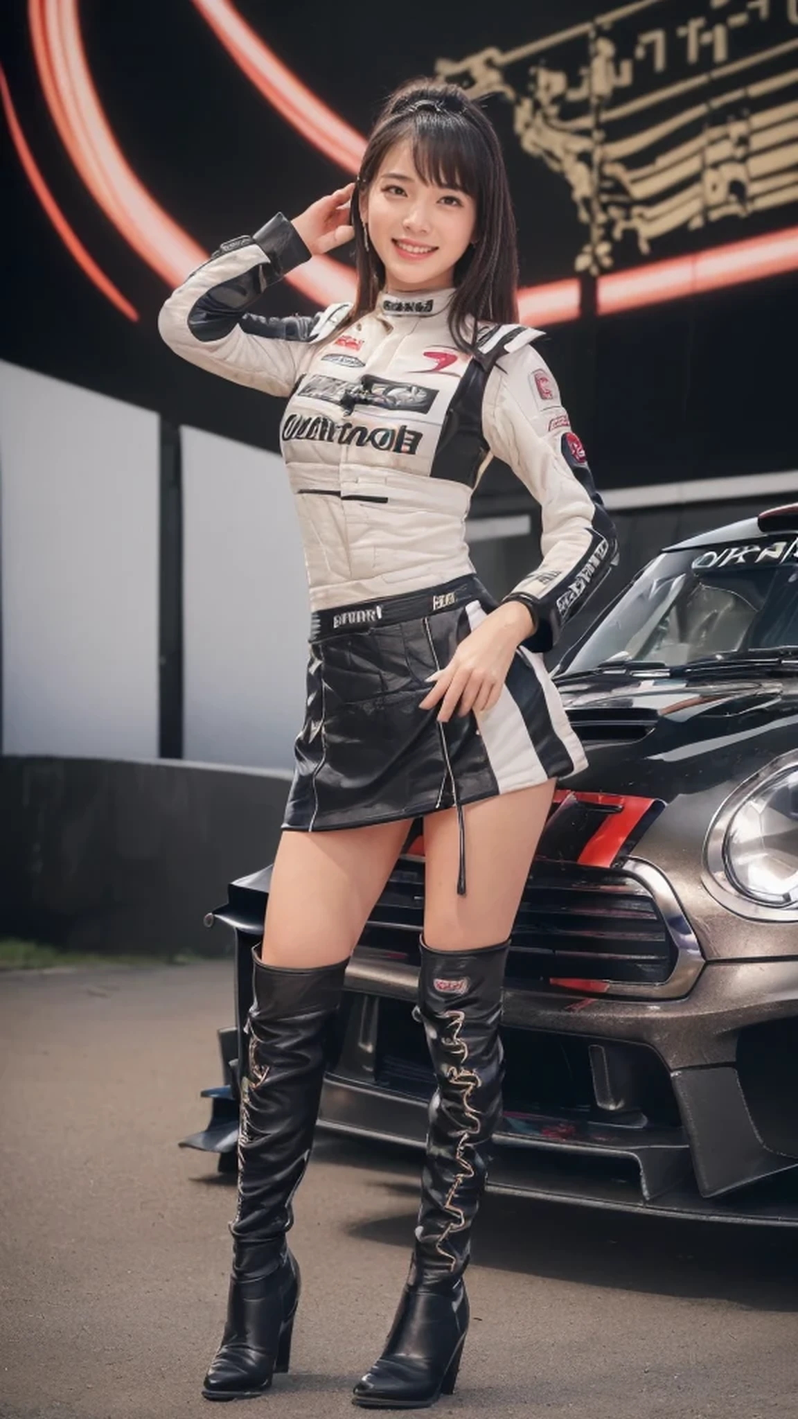 (8k, best quality, masterpiece, Body of the best proportion, super detailed:1.5), (A Japanese race queen, tall, glamor, sexually flattering clothing, boots, Posing as a fashion model:1.4), (racing circuit:1.8), huge breasts