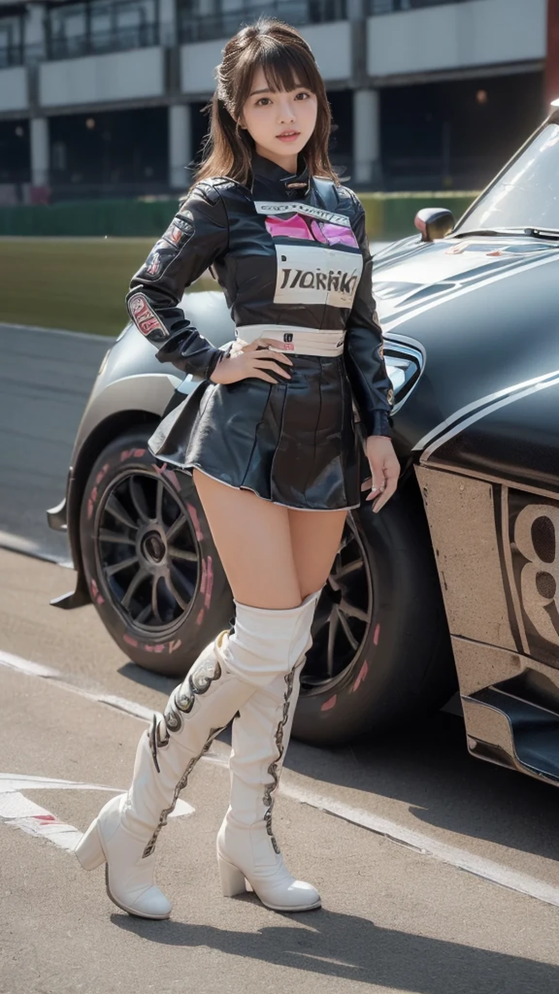 Mulher com cabelo preto longo, grande pulseira de ouro, mini blusa vermelha, barriga exposta, red miniskirt with belt and ankle boots in fighting position. In the background, a cidade de Detroit com bandidos e