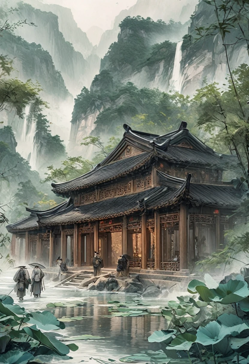 Majestic ancient temple buildings on high mountain cliffs in the vast and towering mountains of the fairyland forest(Close-up of exquisite wooden ancient temple architecture) Very beautiful Chinese scenery surrounded by thick fog, Ethereal Otherworldly Movie Scene Details Intricate Art Masterpiece Masterpiece Actual, Fresh and elegant aesthetic style, ink and wash paintings are very beautiful, perfect composition, intricate details, Super refined and beautiful quality work from the hands of a master