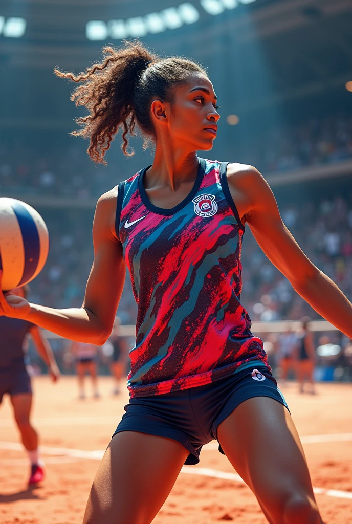 A photograph of a black woman with blonde curly hair, brown eyes with a mole on the left eye, the 15 years , face detailed, with a volleyball in his hand, looking at the camera, portraite, 8k hd, high qualiy