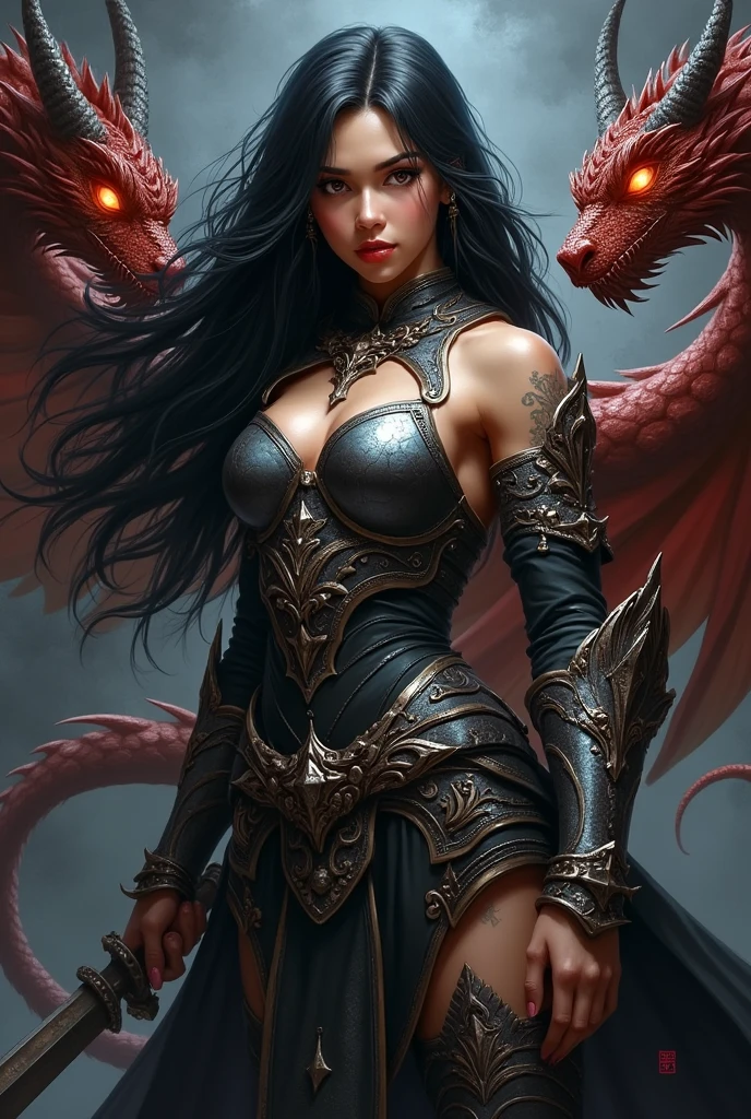 A very beautiful slender female demon with expressive beautiful black eyes, very long flowing black hair, and a sensual mouth. A rocky dark gorge, in the distance in the background you can see an ancient castle and dragons flying over it. A beautiful painting by Luis Royo, fine lines, high definition, lots of detail.