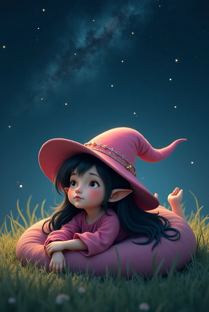 Teenage witch with medium length hair and bangs sitting on a yellow moon holding a tasty and beautiful donut and she is smiling happily