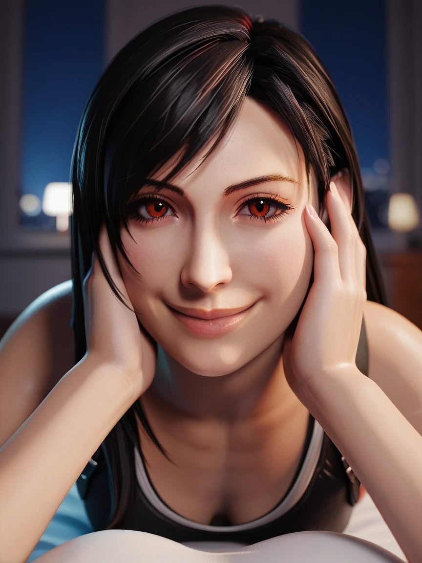 score_9_up, score_8_up, score_7_up, source_3d, blender 3d, detailed 3d, nsfw, detailed body, five fingers, good fingers, Tifa, black hair, long hair, red eyes, Tifa outfit, looking at viewer, pov, realistic, solo focus, on stomach, hands on face, soft smile, closed eyes,  face focus, close up, solo focus, background bedroom, (at night, dark, blurry background), (realistic, cinematic, high quality, photorealistic, best quality, ultra detailed)