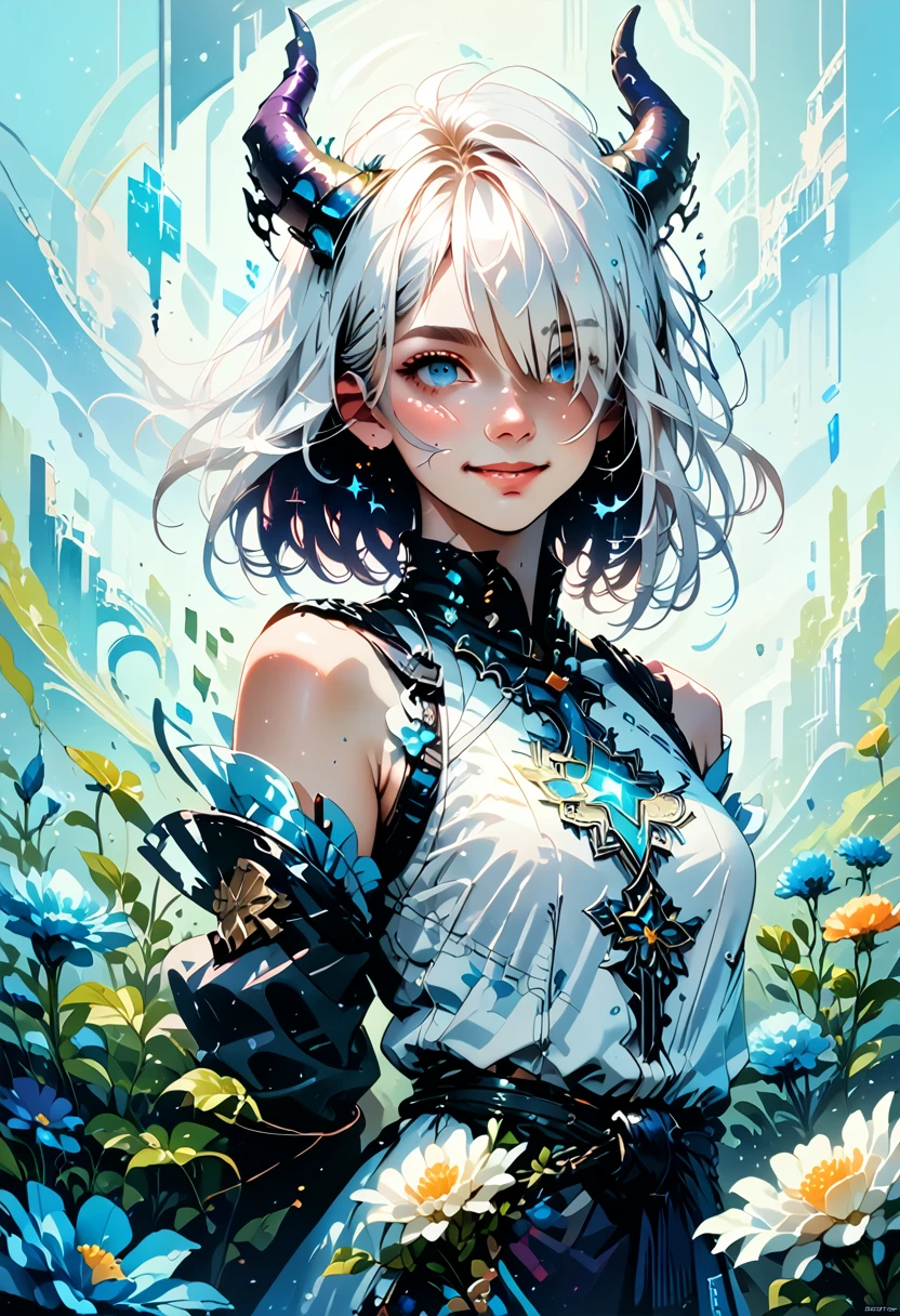 1 girl, Bethel, Blue eyes, bare shoulders, breast, medium breast, short hair, White hair, hair over one eye, bang, gloves, without sleeves, One, shirt, fingerless gloves, white shirt, without sleeves shirt, hands behind your back, from the shoulder, horns, smile, (masterpiece), (Best quality), (Ultra detailed), in room, simple background, blue flowers, 