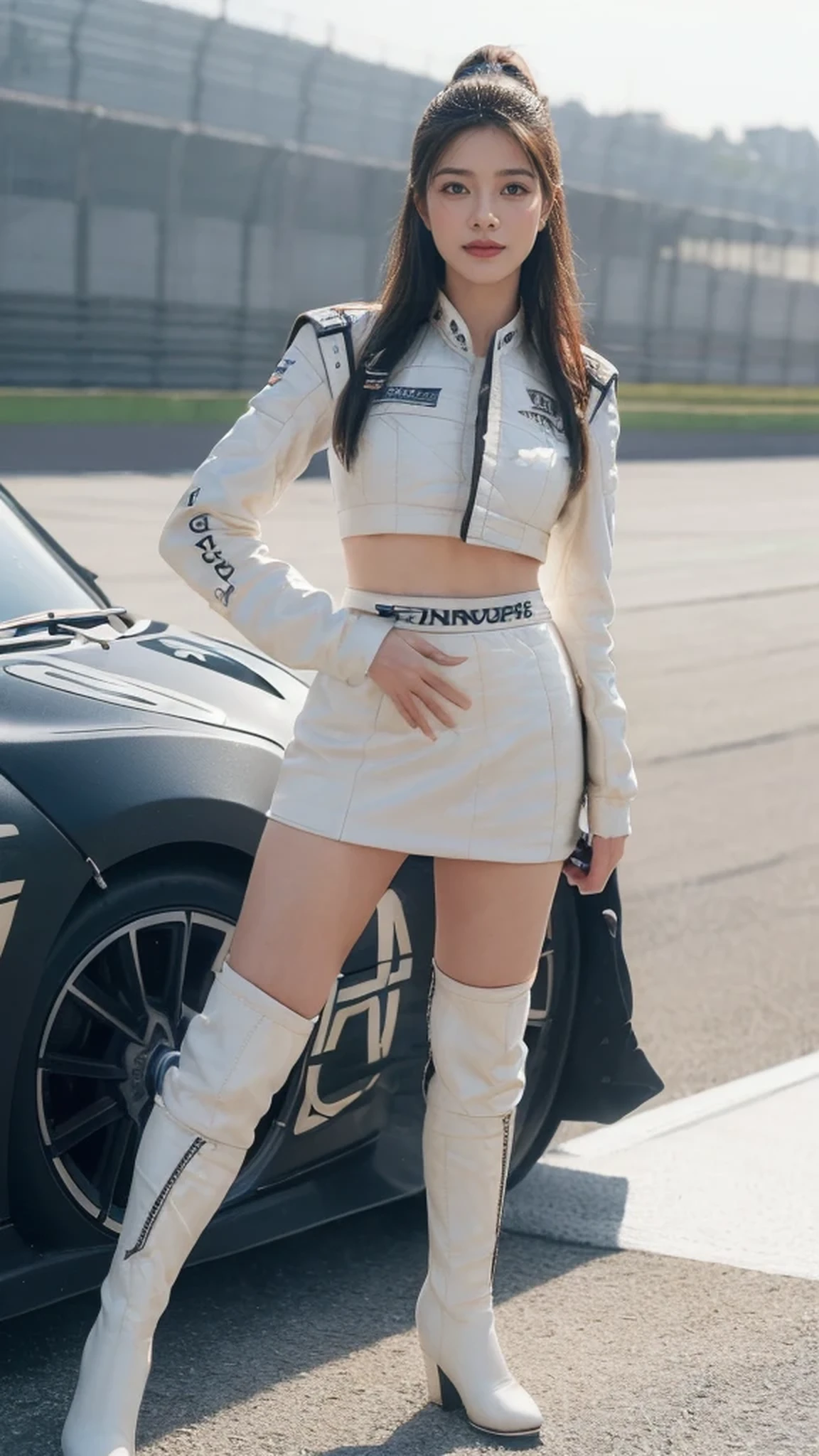 (8k, best quality, masterpiece, Body of the best proportion, detailed:1.5), (A Japanese race queen, tall, glamor, sexually flattering clothing, mini skirt, boots, smile, Posing as a fashion model:1.4), (racing circuit:1.8), huge breasts