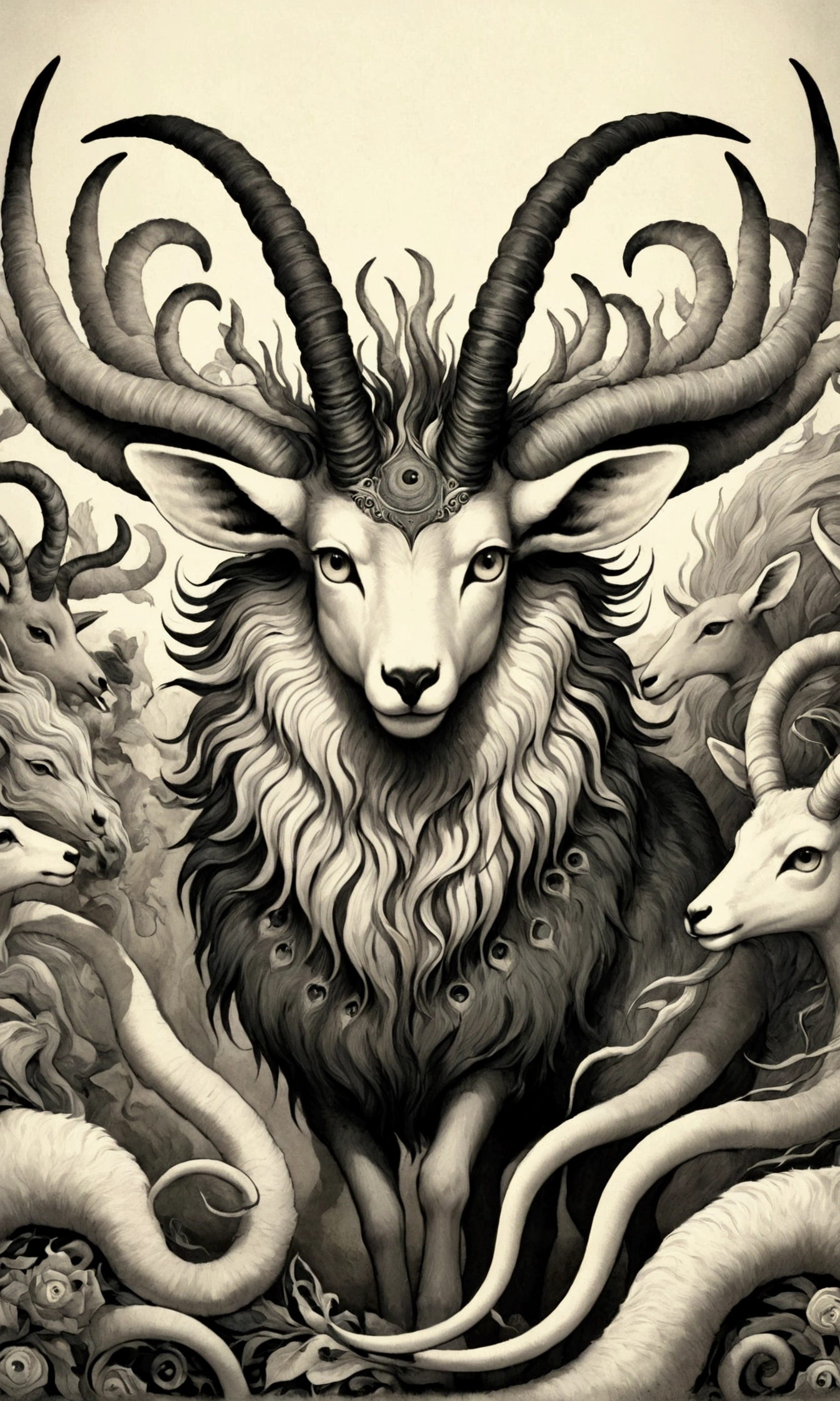 Surreal illustration，Depicts a monster with intricate details，A mythical beast made up of various animal elements，Sheep's ears，Antelope's horns，The tail of the nine-tailed fox，With your back to the audience，There is an eye on the back，