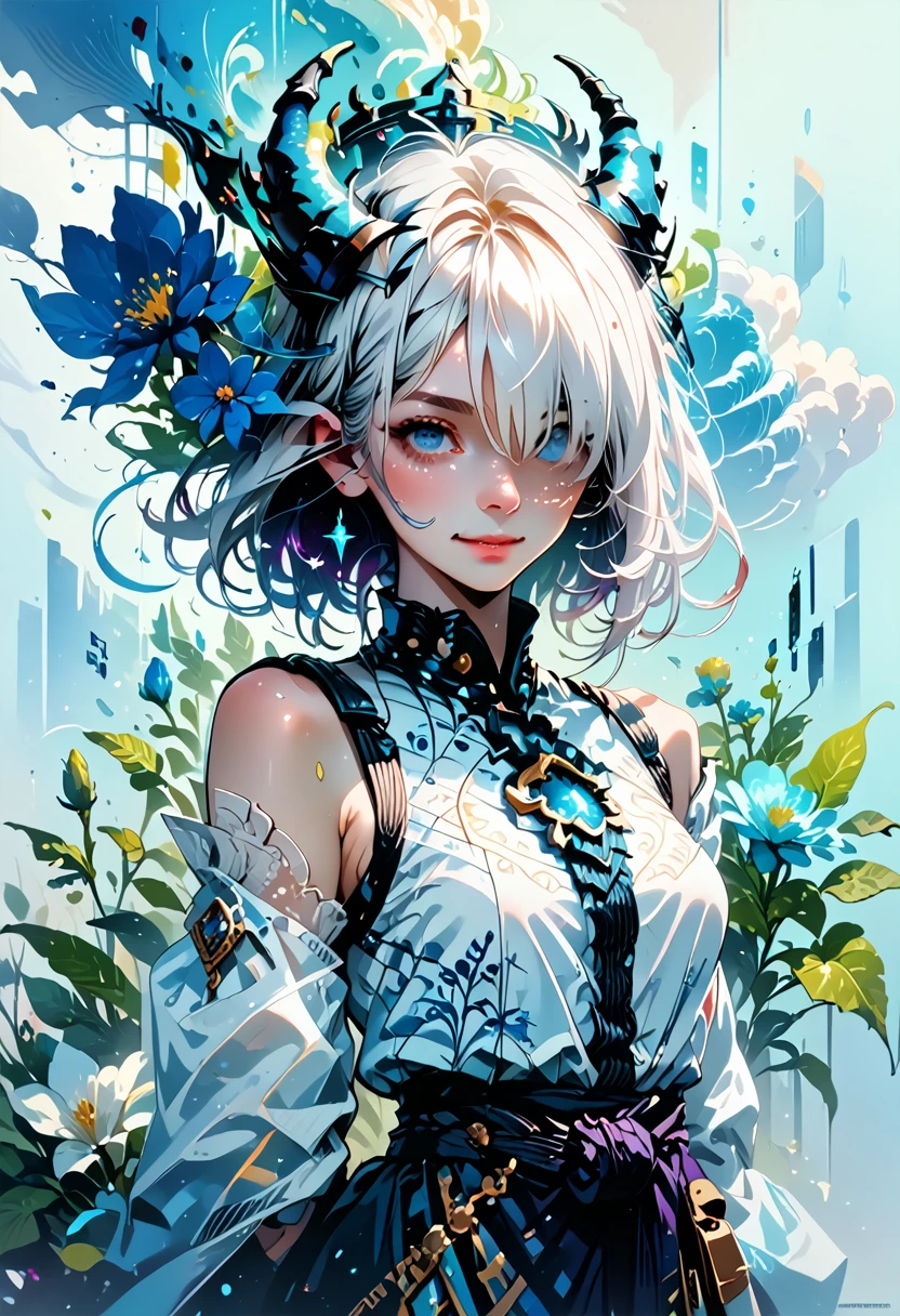 1 girl, Bethel, Blue eyes, bare shoulders, breast, medium breast, short hair, White hair, hair over one eye, bang, gloves, without sleeves, One, shirt, fingerless gloves, white shirt, without sleeves shirt, hands behind your back, from the shoulder, horns, smile, (masterpiece), (Best quality), (Ultra detailed), in room, simple background, blue flowers, 