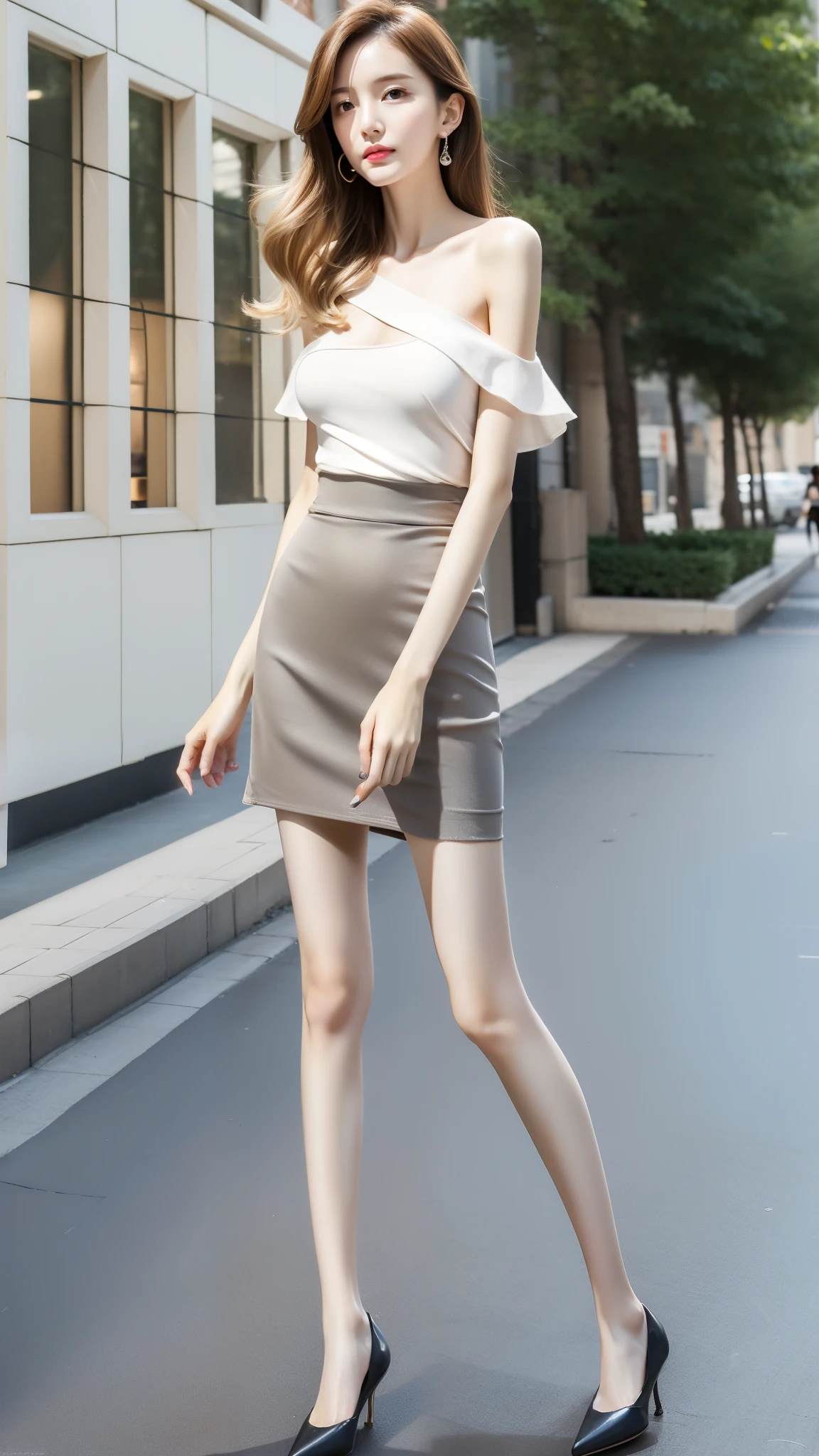 Ultra-clear resolution，sexy young girl，Shoulder-length hair，Light hair color，Earrings，Clear eyes，No makeup，Lip Gloss，Perfect face，Fair skin，Perfect breasts，Long and slender legs，Very long legs，Loose fit deep V top，Light-colored pantyhose，Gray office miniskirt，High heel，Empty outdoors