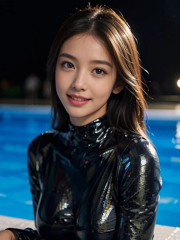 Latex bodysuit、Knee-high boots、Huge 、Long brown hair、Shiny, Oily skin、Glowing Skin、Indoor competition pool、White skin、 Body Portrait, 8k, Narrow and beautiful eyes, Dindal effect, masterpiece, 最high quality, high quality, High resolution, Very detailed photos, (Natural skin texture, Fine skin, Hyperrealism, Ultra Sharpness) , Skin with attention to detail, (Very fine, Fine skin texture, Intricate details, Beautiful Face, (A vivid face), Realistic eyes, Beautiful and detailed, Realistic Skin, Beautiful Skin, surreal, Very detailed, Golden Ratio, Smiling Eyes, ((Night moonlight background)), Body Portrait,  glamorous, Shiny Bodysuit