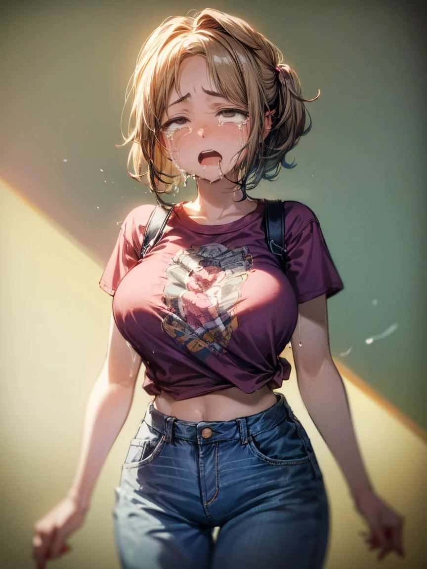 (masterpiece, Highest quality:1.2)、girl、(Eyes half closed)、(tears:1.6)、[:(Detailed face:1.2):0.2]、(Big Breasts)、(Pink T-shirt:1.3)、(Denim pants)