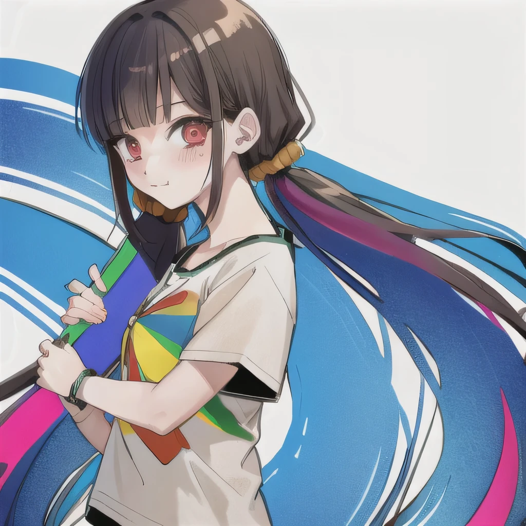 Bisexual Futa Maki Harukawa, Holding rainbow flag, solo, bangs, white background with Rainbow behind the girl, upper body, looking at viewer with shy blushing smile. Holding rainbow flag because is pride month! 