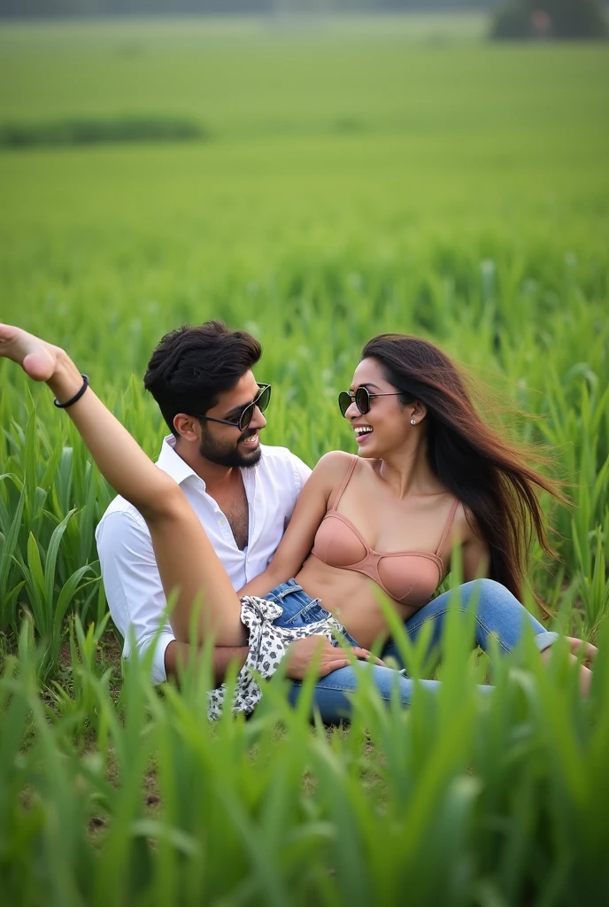 cute indian boy is the girl front chest of a 16 year Indian old girl from both wearing sunglasses, are playfully in a Railway track . The woman, dressed in a bikini
with intricate patterns, is lying on the man's lap while joyfully and sex The wearing a white shirt and casually cuffed jeans, is smiling down at her as she holds her leg. The background reveals an expansive field under plants fields, 34K Ultra Quality Image