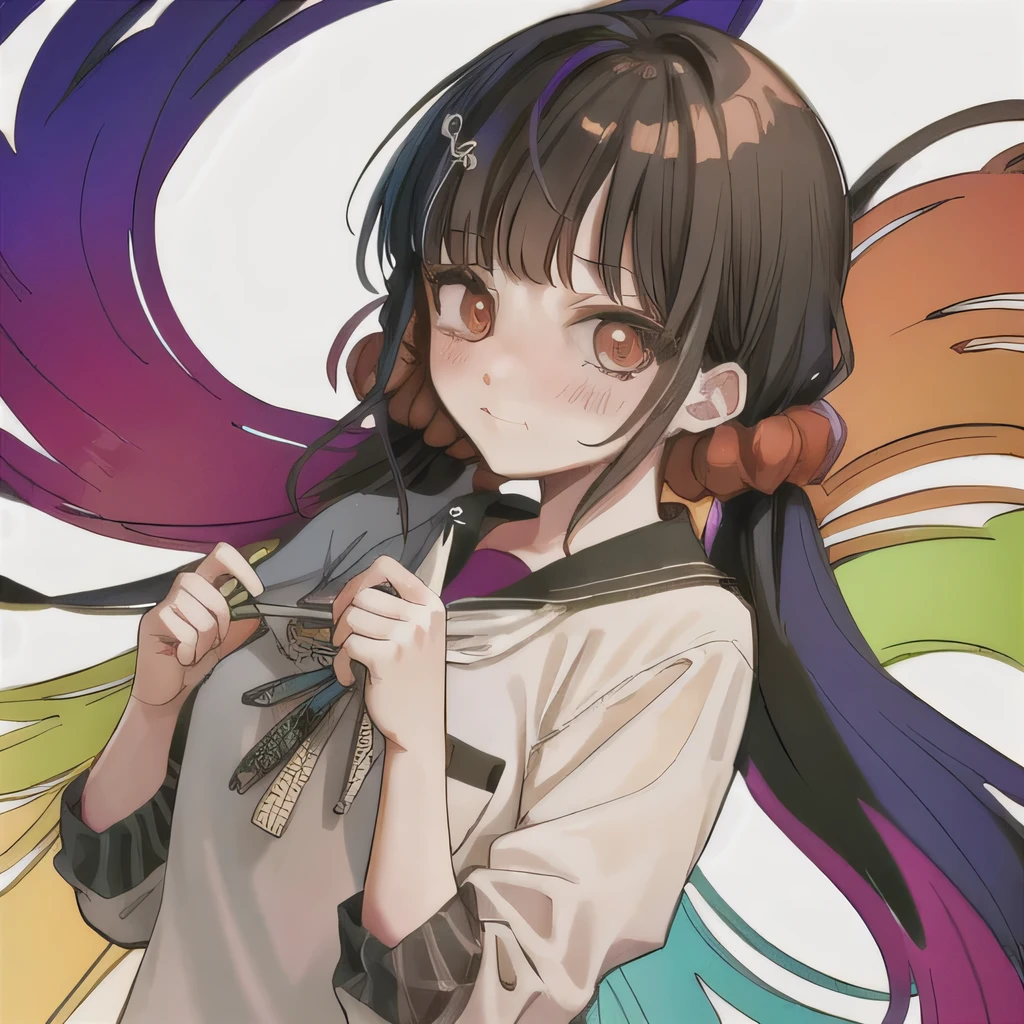 Bisexual Futa Maki Harukawa, Holding rainbow flag, solo, bangs, white background with Rainbow behind the girl, upper body, looking at viewer with shy blushing smile. Holding rainbow flag because is pride month! 