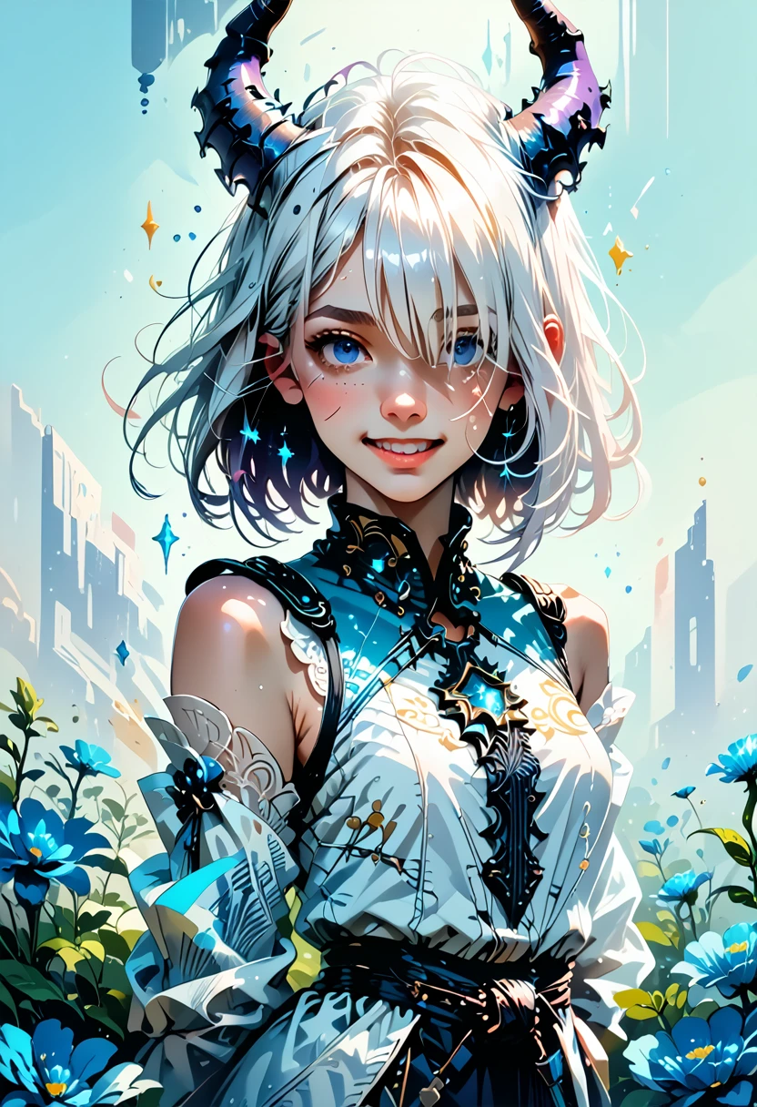 1 girl, Bethel, Blue eyes, bare shoulders, breast, medium breast, short hair, White hair, hair over one eye, bang, gloves, without sleeves, One, shirt, fingerless gloves, white shirt, without sleeves shirt, hands behind your back, from the shoulder, horns, smile, (masterpiece), (Best quality), (Ultra detailed), in room, simple background, blue flowers, 