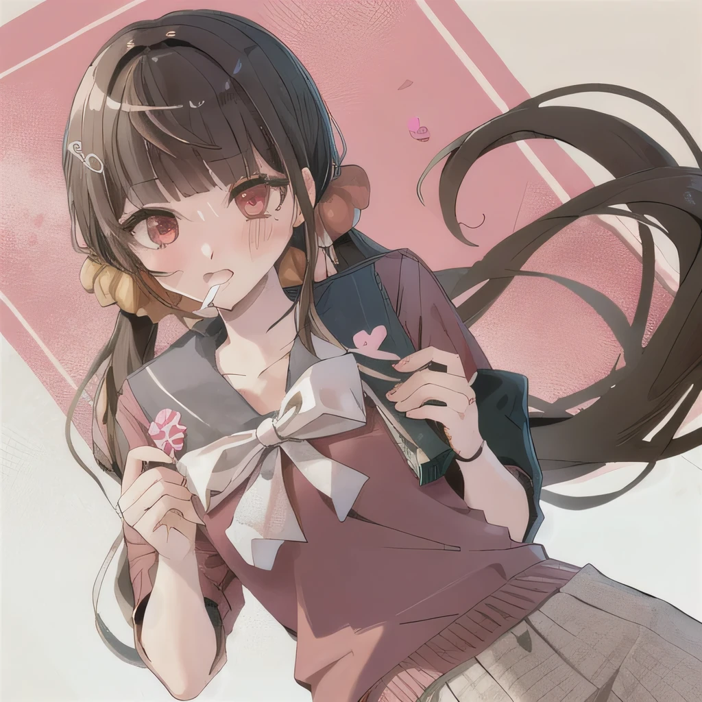 Bisexual Futa Maki Harukawa, Holding valentine chocolate heart shape bag for valentines day, solo, bangs, white background, upper body, looking at viewer with shy blushing smile. Holding valentine chocolate heart shape bag for valentines day! 