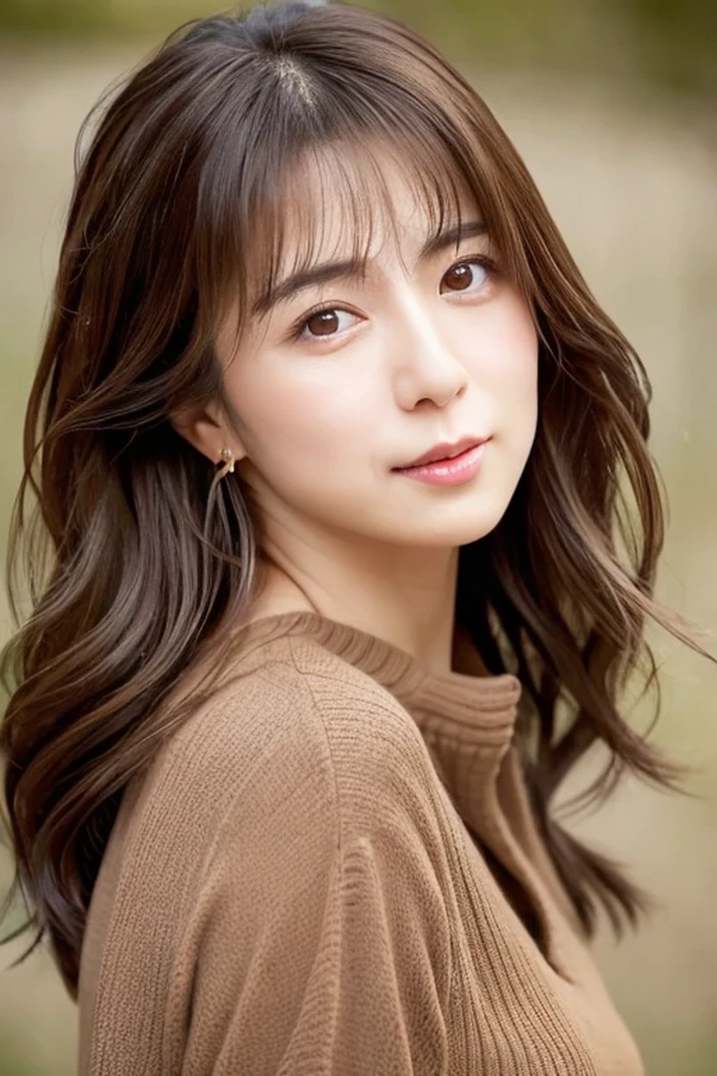 (knitwear), (top-quality, masterpiece:1.3, Super high resolution), (Photorealsitic:1.4, RAW shooting), Ultra-realistic capture, A highly detailed, high-definition 16K for human skin, Wistful, A skinny Japanese woman, 30 years old, cute face, ((Sadness face)), detailed face, detailed eyes, ((correct anatomy)), A dark-haired, Middle hair, ((Background of the sea in a starry night)), (((looking up afar at starry sky))), hair blowing in the wind