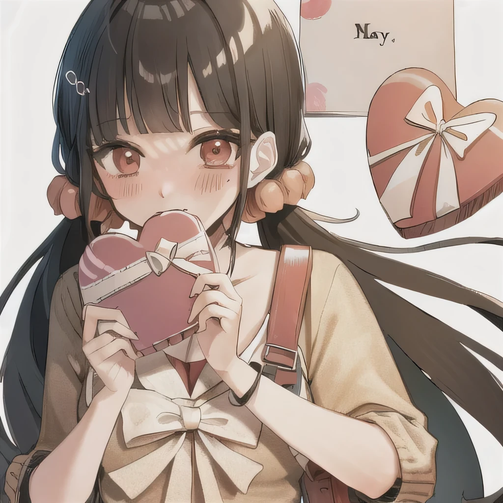 Bisexual Futa Maki Harukawa, Holding valentine chocolate heart shape bag for valentines day, solo, bangs, white background, upper body, looking at viewer with shy blushing smile. Holding valentine chocolate heart shape bag for valentines day! 