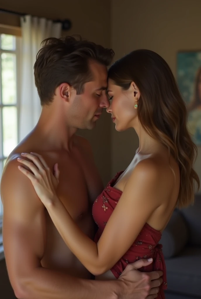 Cuckold chubby white hotwife, brown hair, white bikini, wedding veil, golden necklace, tall man, romantic,man hugging her forma behind, hotel livingroom, illustrations, ultra-detailed, realistic, vivid colors, full body picture, warm tones, soft lighting,photo from the side