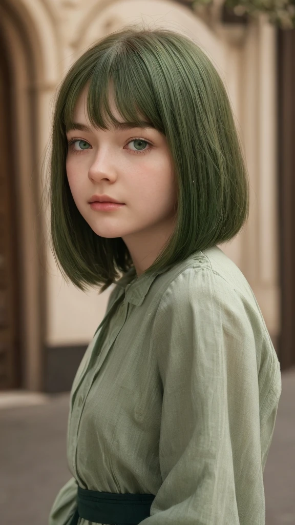 a girl. European. Extremely detailed face. Oval face. Delicate facial features. Half-closed eyes. Straight short hair. Bangs. Green hair. Green eyes.