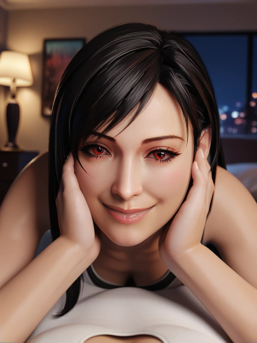 score_9_up, score_8_up, score_7_up, source_3d, blender 3d, detailed 3d, nsfw, detailed body, five fingers, good fingers, Tifa, black hair, long hair, red eyes, Tifa outfit, looking at viewer, pov, realistic, solo focus, on stomach, hands on face, soft smile, closed eyes,  face focus, close up, being fucked from behind, being fucked, background bedroom, (at night, dark, blurry background), (realistic, cinematic, high quality, photorealistic, best quality, ultra detailed)