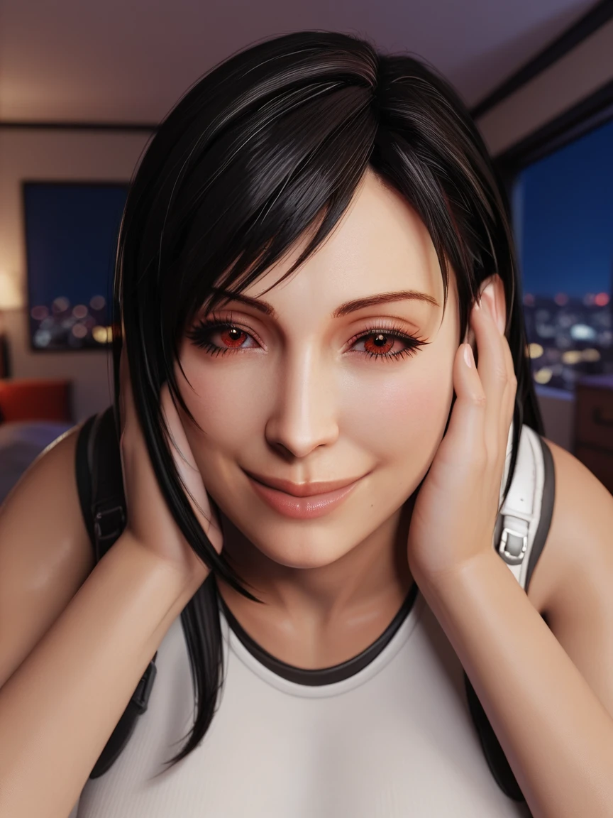 score_9_up, score_8_up, score_7_up, source_3d, blender 3d, detailed 3d, nsfw, detailed body, five fingers, good fingers, Tifa, black hair, long hair, red eyes, Tifa outfit, looking at viewer, pov, realistic, solo focus, on stomach, hands on face, soft smile, closed eyes,  face focus, close up, being fucked from behind, being fucked, background bedroom, (at night, dark, blurry background), (realistic, cinematic, high quality, photorealistic, best quality, ultra detailed)