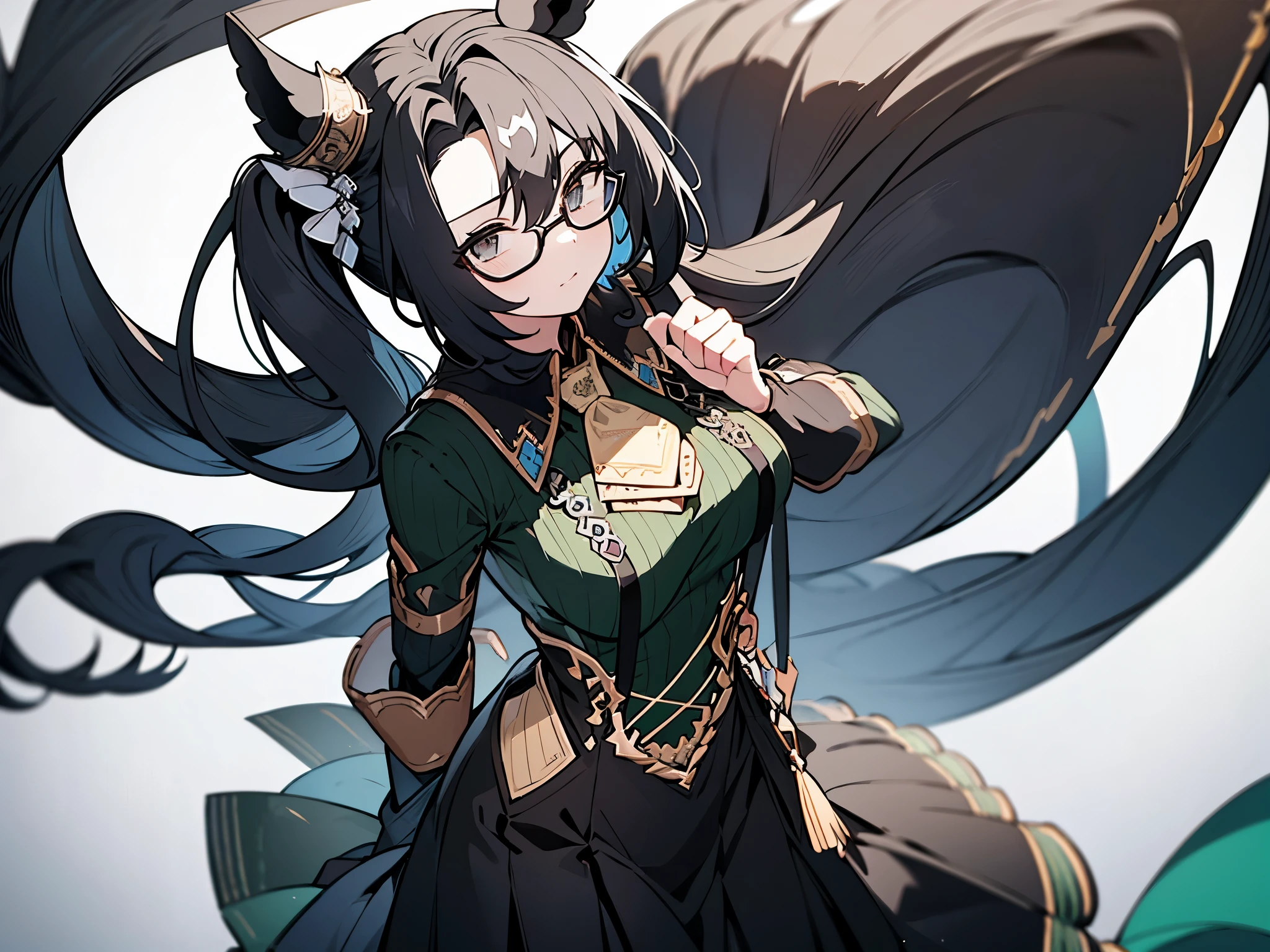 It's about time、Horse ear woman,height: 158cm, standard body type, Black Hair, Low Ponytail, Droopy eyes, Glasses, Tear under the right eye、 Skirt Suit, Fair skin, Portraits, High resolution, 