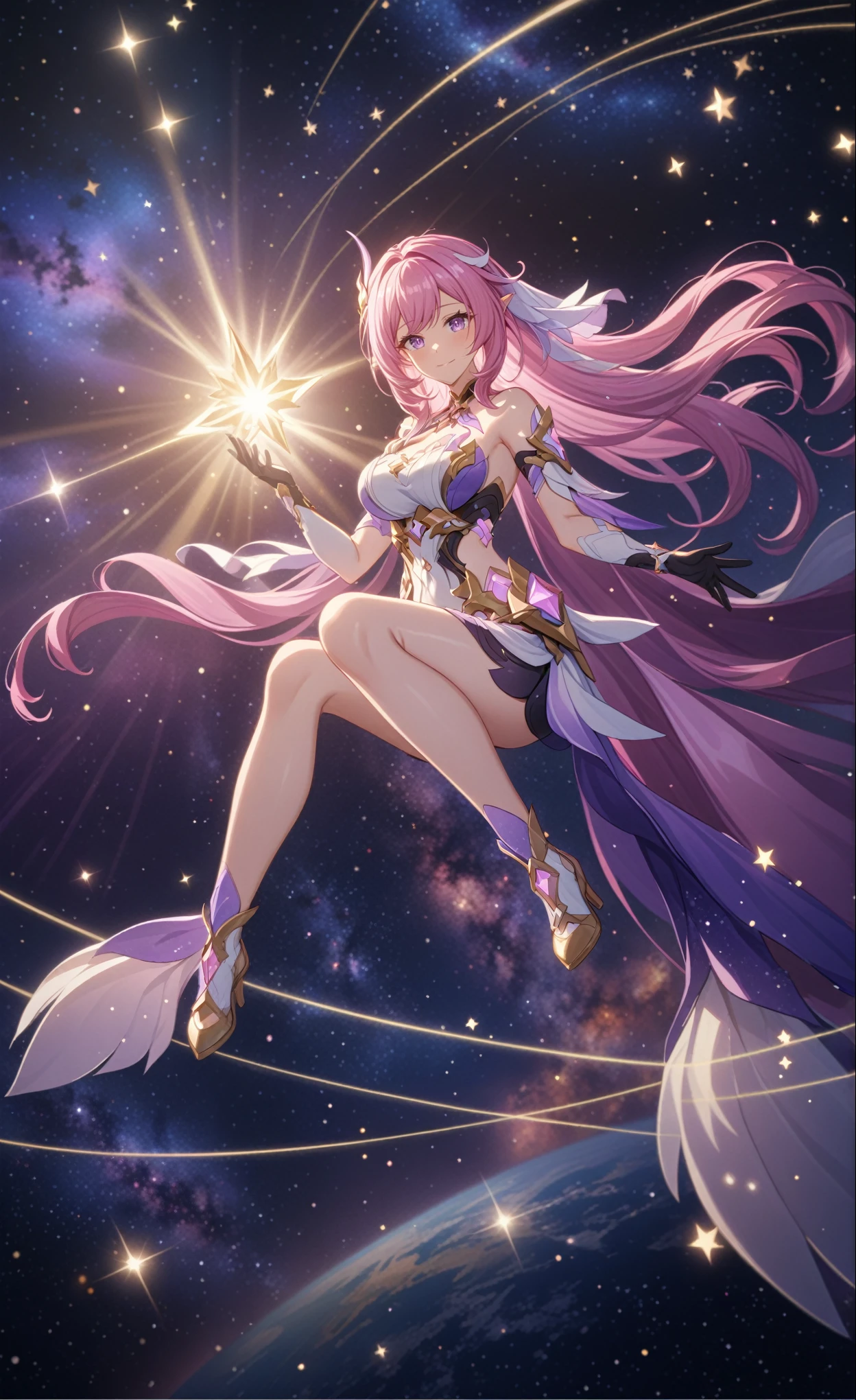 ai-generated,very aesthetic,1girl,elysia_/(herrscher_of_human:ego/)_/(honkai_impact/),pointed_ears,pink_hair,dreamy anime fantasy background,raytracing,light purple eyes,well-defined pink diamond pupils,floating,light particles,dsmile,breathtakingly gorgeous multicolored starry sky,gentle smile,celestial,intricate,large breasts,goddess,vibrant rich hdr color,cel shading,(best quality,4k,8k,highres,masterpiece:1.2),((full body)),Bloom, Ray Tracing, God Rays, 