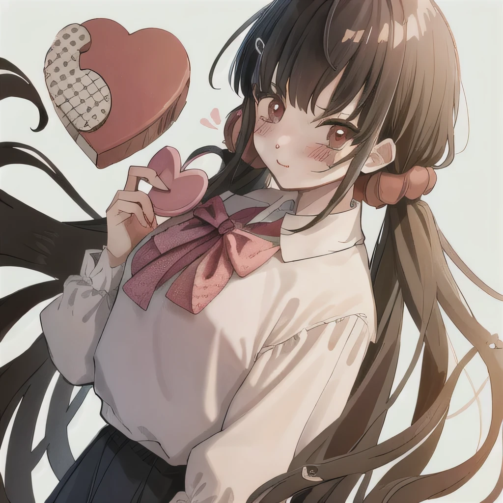 Bisexual Futa Maki Harukawa, Holding valentine chocolate heart shape bag with name Natalie Sasin on it for her girlfriend for valentines day, solo, bangs, white background, upper body, looking at viewer with shy blushing smile. Holding valentine chocolate heart shape bag with name Natalie Sasin on it for her girlfriend for valentines day! 