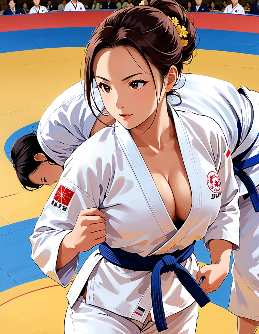 (8k, RAW photos, A masterpiece of quality: 1.2), (realistic, photorealistic: 1.37), ((A little cleavage 1.3)),2 Judo athletes, ((Big breasts 1.2)), ((Sweaty 1.5) ), ((Shiny skin 1.4)), two Judokas, ((A beautiful face like a Japanese actress 1.3)),(((Judo suit with black belt))) , ((Shorts)),2, long shot, ( Full body shot: 2), Glamorous body,((slim body)),Look at your viewers, Pose for photoshoot, Firm posture, Long shot photography, Detailed face, (smile), (perfect eyes) ,(perfect hands) (perfect Fingers), (perfect legs),(thighs), (full body photography: 2),pinning each other on the ground, showing their pinning hold techniques