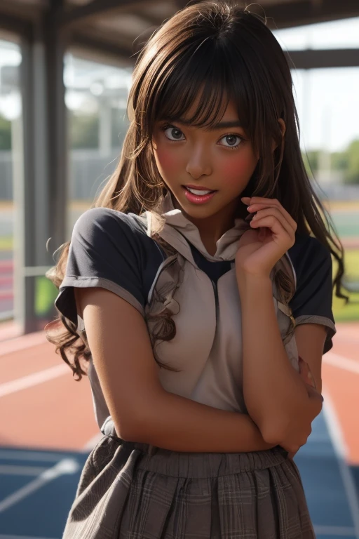 (((( one girl )))), Put your hand over your mouth、Beautiful breasts、 Brown eyes, ((Gal Hairstyles)) blonde, girl, (Eye and facial details:1.0), break, (masterpiece, Highest quality, Very detailed, Detailed face, 8k),( dark skin:1.8 ), (((( track and field uniform )))),( open mouth )