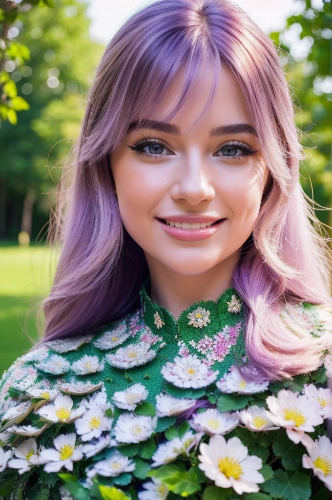 a gorgeous woman, wearing a floral pink and aqua color outfit, portrait view, smiling, garden background, detailed face, beautiful eyes, detailed lips, long eyelashes, photorealistic, hyper detailed, 8k, high quality, oil painting, lush garden, vibrant colors, natural lighting, soft focus, masterpiece