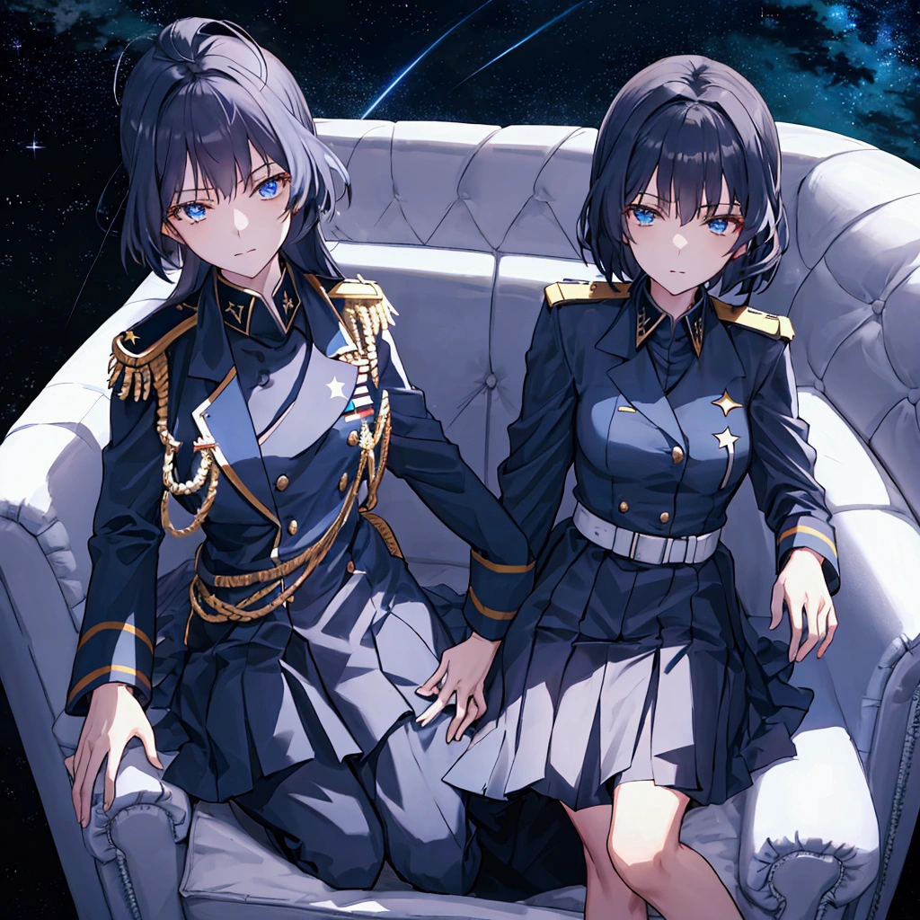 Night sky background, night time, Military uniform, dark blue uniform, white cape, 1girl, solo,  high collar, shining hair, sitting on couch, facing viewer, arrogant, 