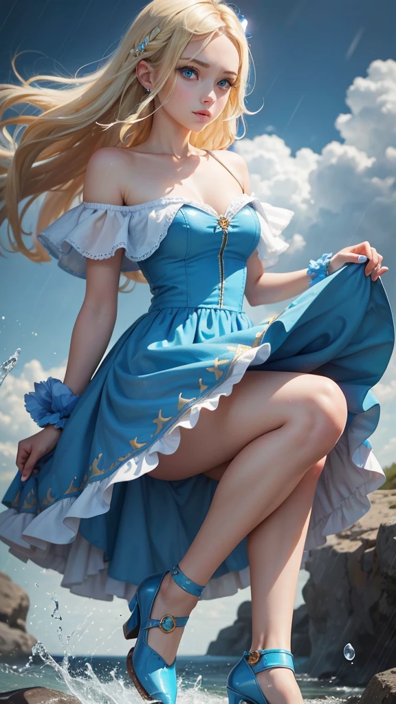 girl, blonde hair, sky blue eyes, slim build, bright skin, blue dress with images of wind and rain, On her feet are blue heeled shoes. The hair is secured with blue water drop-shaped clips.. On the left hand, on one of the fingers, there is a gold ring with a blue diamond. On the back in the area of the shoulder blades are large wings in the shape of an eagle&#39;s wings silhouette with images of wind flows and lightning.