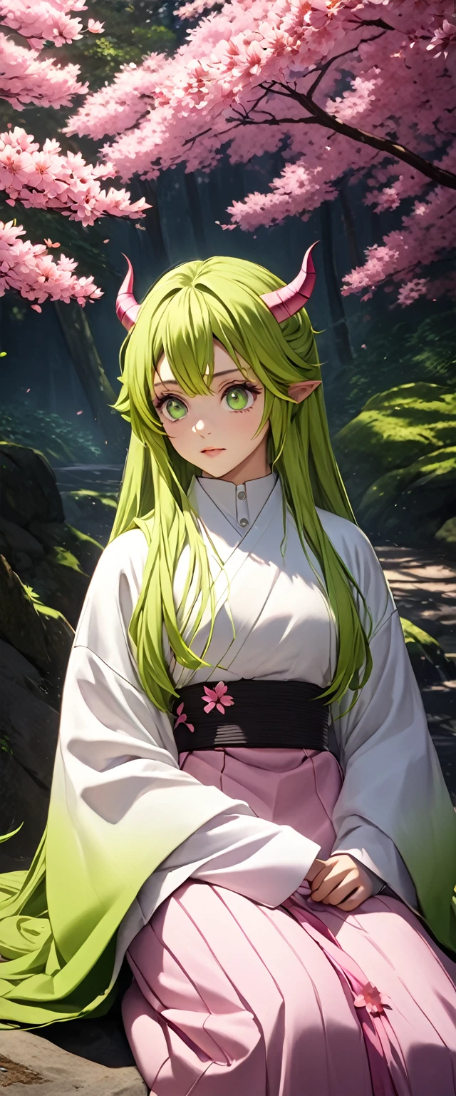 Masterpiece, Detailed work, Full HD clarity, Image resolution1980p, Realistic lighting and shadows, color gradation, background, Sakura Forest, From the Demon Slayer series, Mitsuri Kanroji, ตาgreen, Two-toned long hair, pink, green, Hair Color Gradient, Demon Slayer outfit, White long-sleeved shirt, ถุงน่องgreen