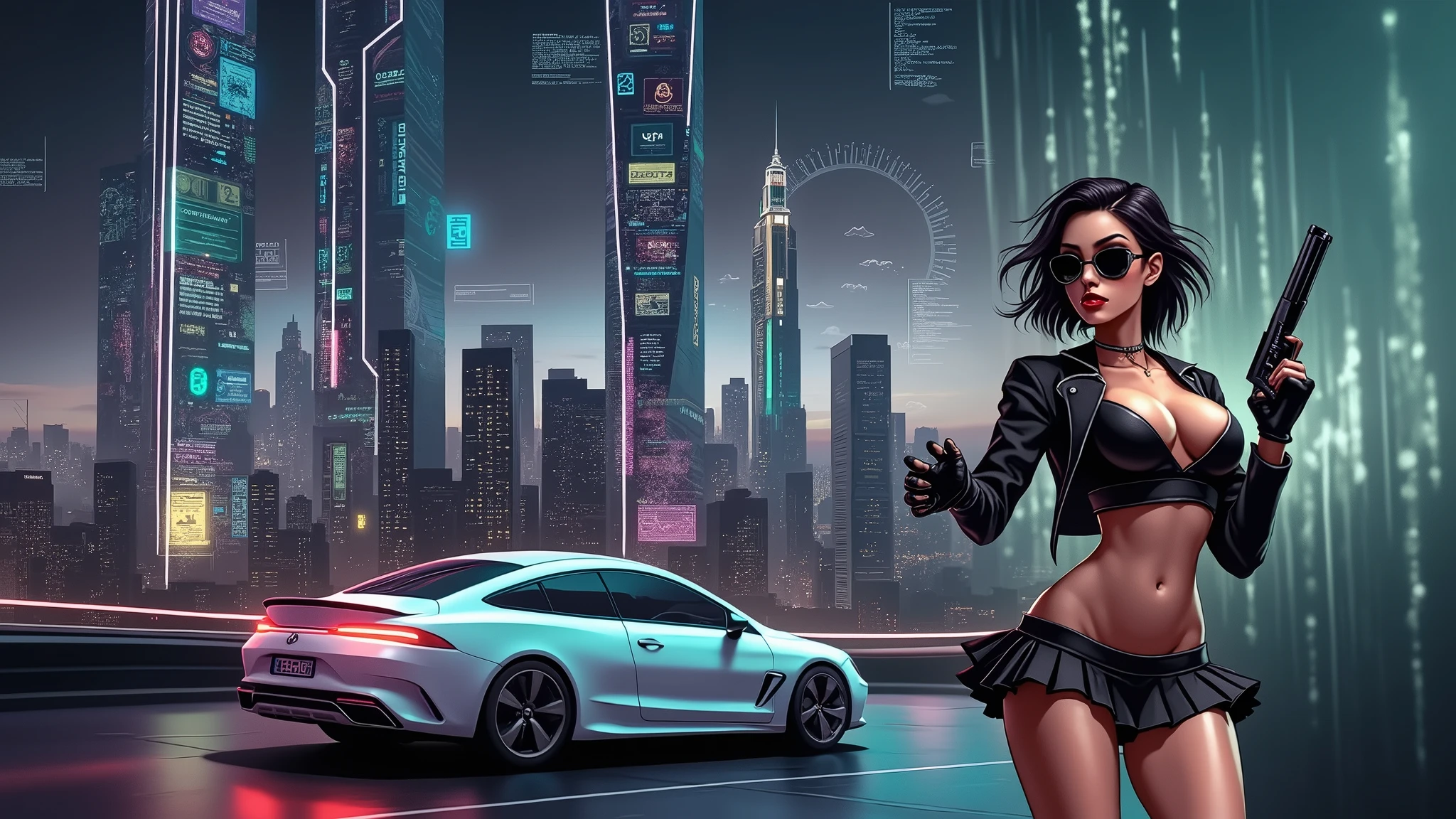 Matrix inspired futuristic cityscapes with colorful all-glass outlined towering skyscrapers with lightning, flying vehicle. High-resolution OLED GUI interfaces in the building, The windows are filled with transparent data visualization infographics that show it all, close-up green glowing cascading code. Colors are saturated and vibrant. At night, (1girl, solo, alone), photorealistic, large-breast slim:0.6 body, oval:0.5 face, cleavage:1.1, very low angle view of pleated miniskirt, deep-v, (upskirt), glove, (Matrix style black micro sunglasses), (aiming viewer with a short gun), dynamic running pose, ((half-body thigh level close-up shot)), cinematic lighting, ray tracing, motion blur background.