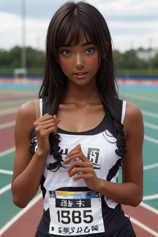 (((( one girl )))), Put your hand over your mouth、Beautiful breasts、 Brown eyes, ((Gal Hairstyles)) blonde, girl, (Eye and facial details:1.0), break, (masterpiece, Highest quality, Very detailed, Detailed face, 8k),( dark skin:1.8 ), (((( track and field uniform )))),( open mouth )