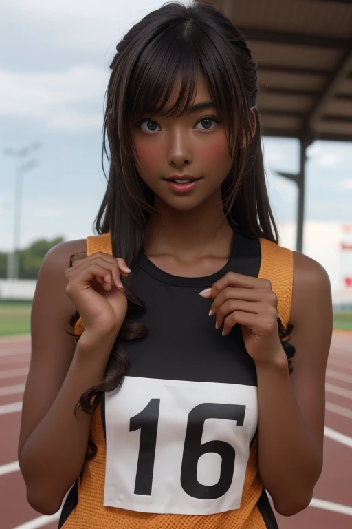 (((( one girl )))), Put your hand over your mouth、Beautiful breasts、 Brown eyes, ((Gal Hairstyles)) blonde, girl, (Eye and facial details:1.0), break, (masterpiece, Highest quality, Very detailed, Detailed face, 8k),( dark skin:1.8 ), (((( track and field uniform )))),( open mouth )