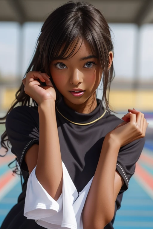 (((( one girl )))), Put your hand over your mouth、Beautiful breasts、 Brown eyes, ((Gal Hairstyles)) blonde, girl, (Eye and facial details:1.0), break, (masterpiece, Highest quality, Very detailed, Detailed face, 8k),( dark skin:1.8 ), (((( track and field uniform )))),( open mouth )