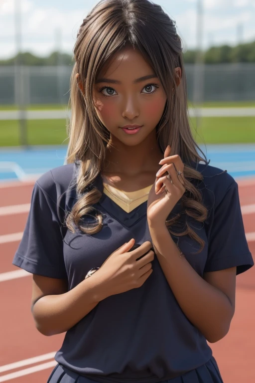 (((( one girl )))), Put your hand over your mouth、Beautiful breasts、 Brown eyes, ((Gal Hairstyles)) blonde, girl, (Eye and facial details:1.0), break, (masterpiece, Highest quality, Very detailed, Detailed face, 8k),( dark skin:1.8 ), (((( track and field uniform )))),( open mouth )