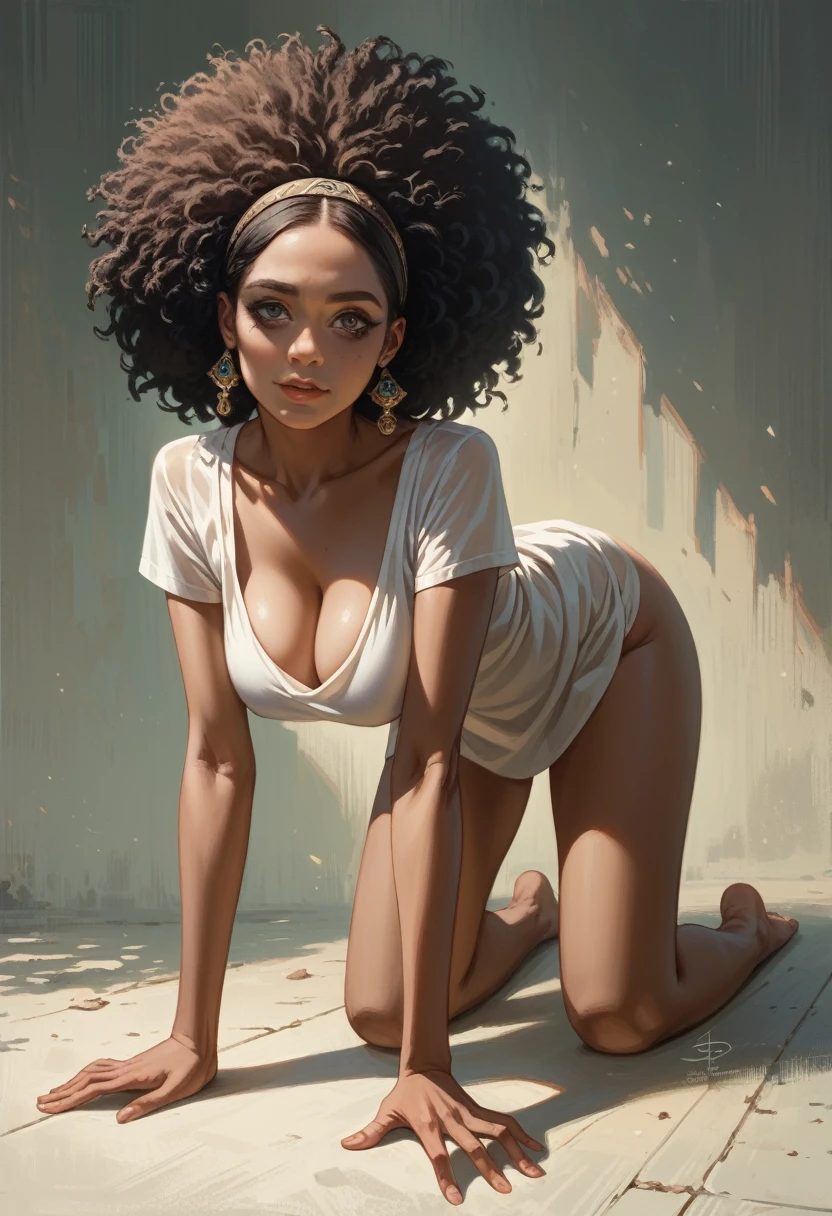 incredibly detailed, stylish, dark anime-style image, occult ~ esoteric ~ very detailed in the photo, (the whole body is depicted) , ((an adult, depraved, slender Afro woman with large breasts, beautiful facial features, sexy makeup)), standing on all fours facing the viewer, dressed in a transparent short tunic((slender, swarthy skin color with highlights all over the figure)), distinguished by tanned places on the body, the play of light and shadow, in scenes in the style of Aron Demets, in the style of Ryan Stegman, Leonardo da Vinci