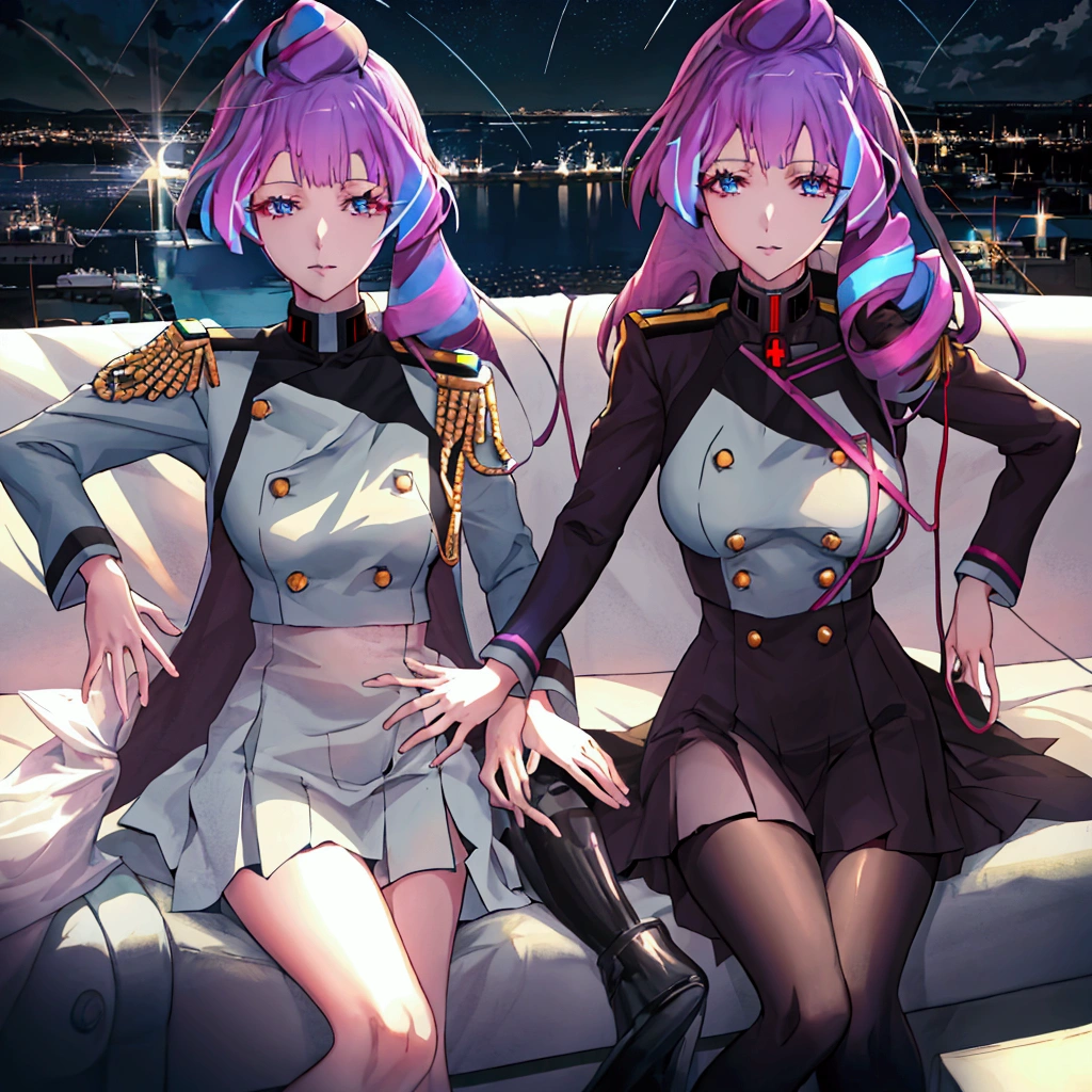 Night sky background, night time, Military uniform, dark blue uniform, white cape, 1girl, solo,  Mikumo Guynemer, Macross delta, high collar, shining hair, sitting on couch, facing viewer, arrogant, 