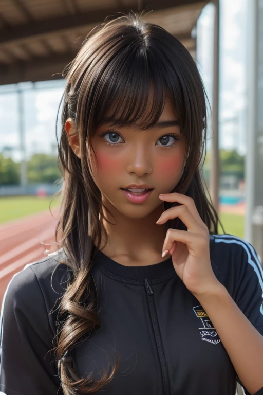 (((( one girl )))), Put your hand over your mouth、Beautiful breasts、 Brown eyes, ((Gal Hairstyles)) blonde, girl, (Eye and facial details:1.0), break, (masterpiece, Highest quality, Very detailed, Detailed face, 8k),( dark skin:1.8 ), (((( track and field uniform )))),( open mouth )