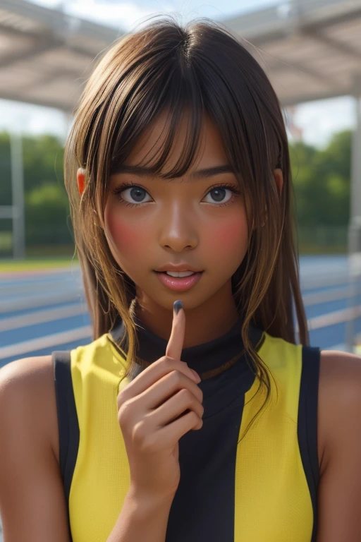 (((( one girl )))), Put your hand over your mouth、Beautiful breasts、 Brown eyes, ((Gal Hairstyles)) blonde, girl, (Eye and facial details:1.0), break, (masterpiece, Highest quality, Very detailed, Detailed face, 8k),( dark skin:1.8 ), (((( track and field uniform )))),( open mouth )