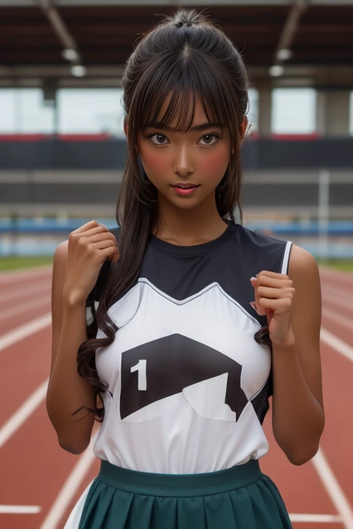 (((( one girl )))), Put your hand over your mouth、Beautiful breasts、 Brown eyes, ((Gal Hairstyles)) blonde, girl, (Eye and facial details:1.0), break, (masterpiece, Highest quality, Very detailed, Detailed face, 8k),( dark skin:1.8 ), (((( track and field uniform )))),( open mouth )